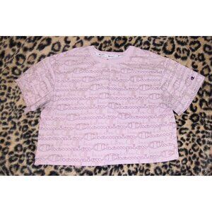 Champion Pink Layered Logo Scripts Crewneck Cropped Athletic T-Shirt Large